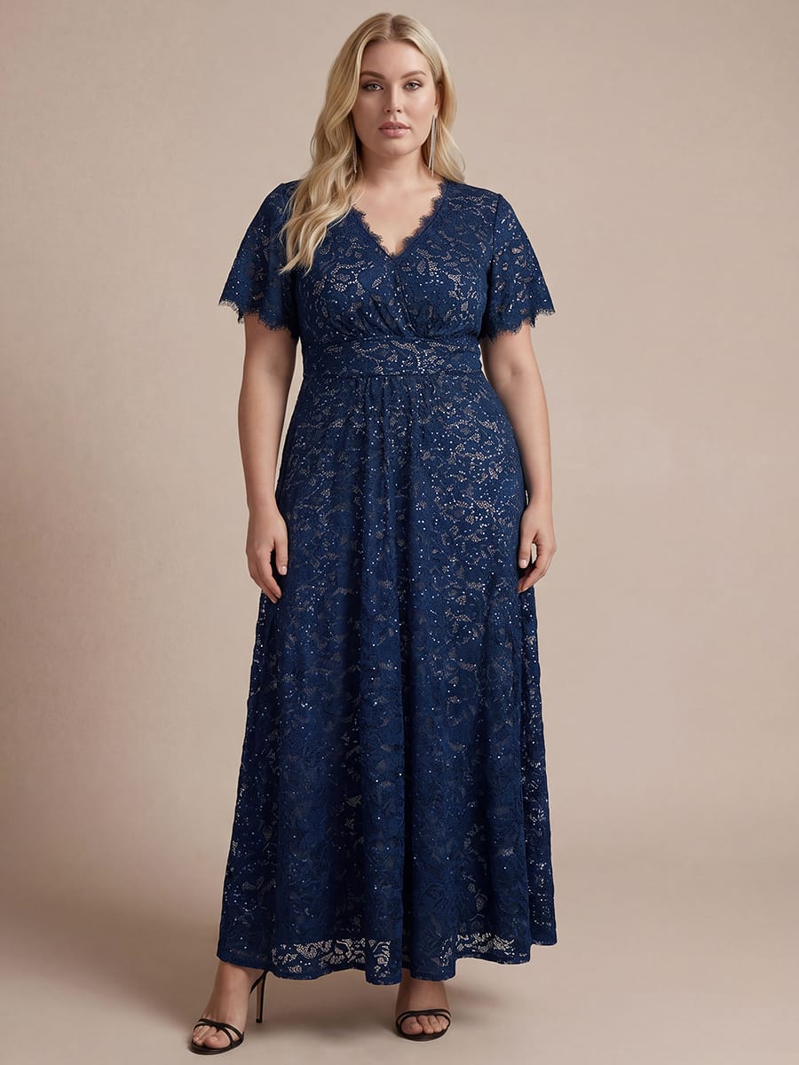 Elegant Flutter Sleeve Sequin Lace Maxi Dress V-Neck Empire Waist Evening Gown