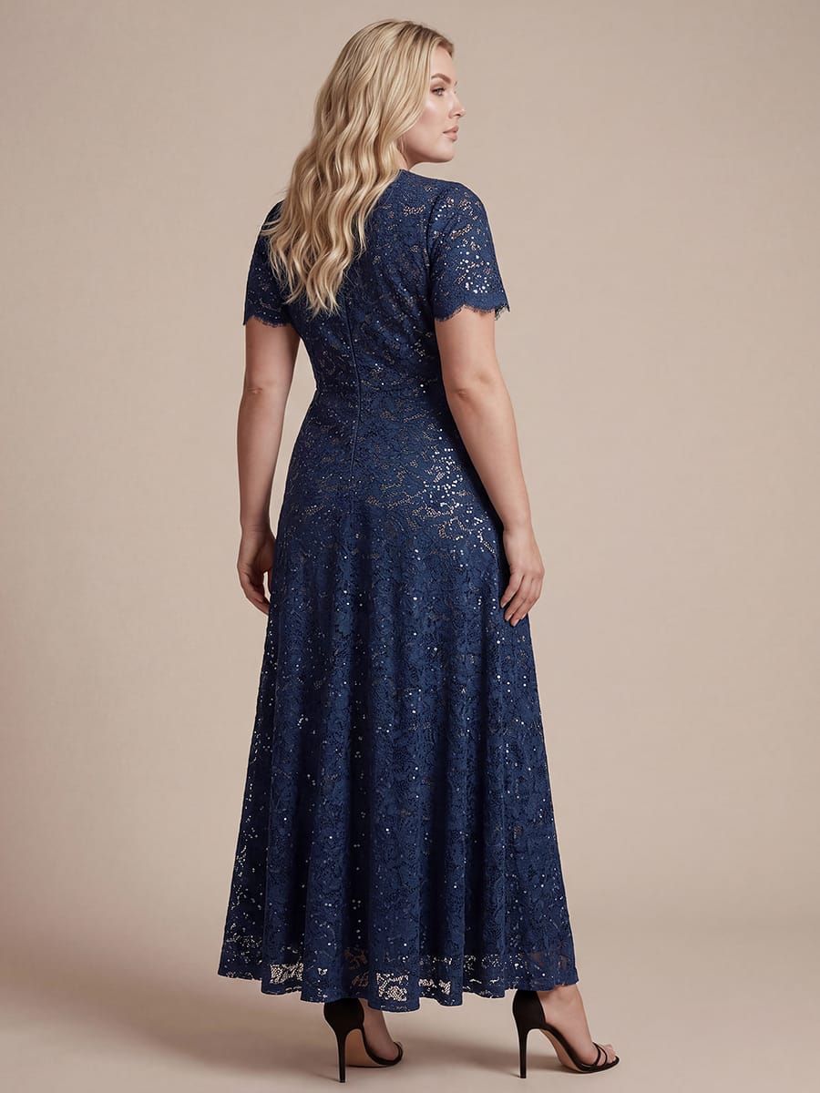Elegant Flutter Sleeve Sequin Lace Maxi Dress V-Neck Empire Waist Evening Gown
