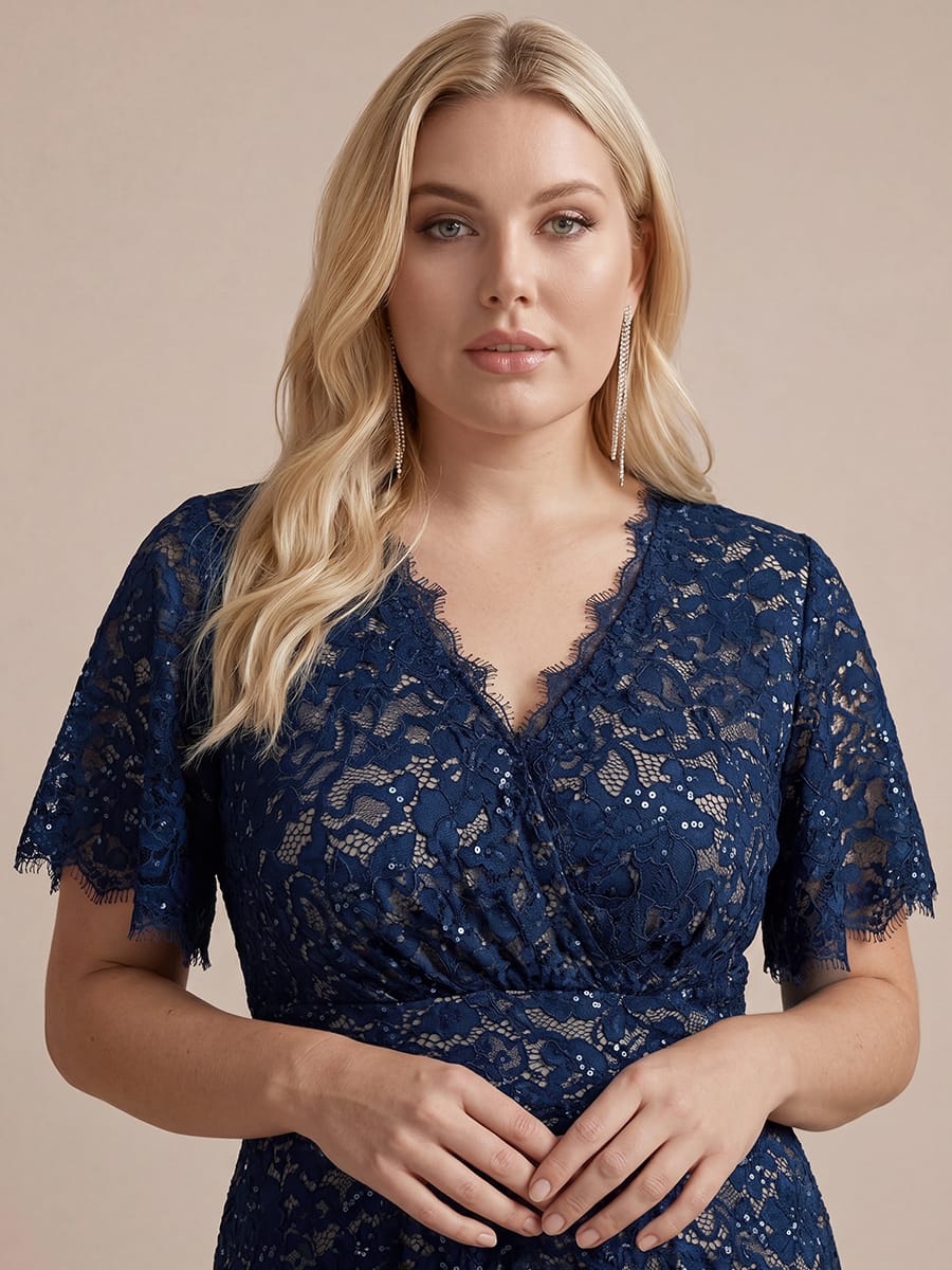 Elegant Flutter Sleeve Sequin Lace Maxi Dress V-Neck Empire Waist Evening Gown