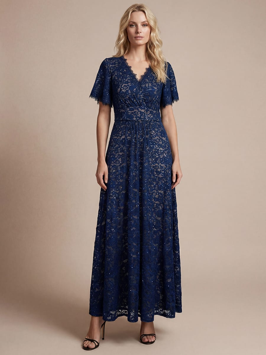 Elegant Flutter Sleeve Sequin Lace Maxi Dress V-Neck Empire Waist Evening Gown