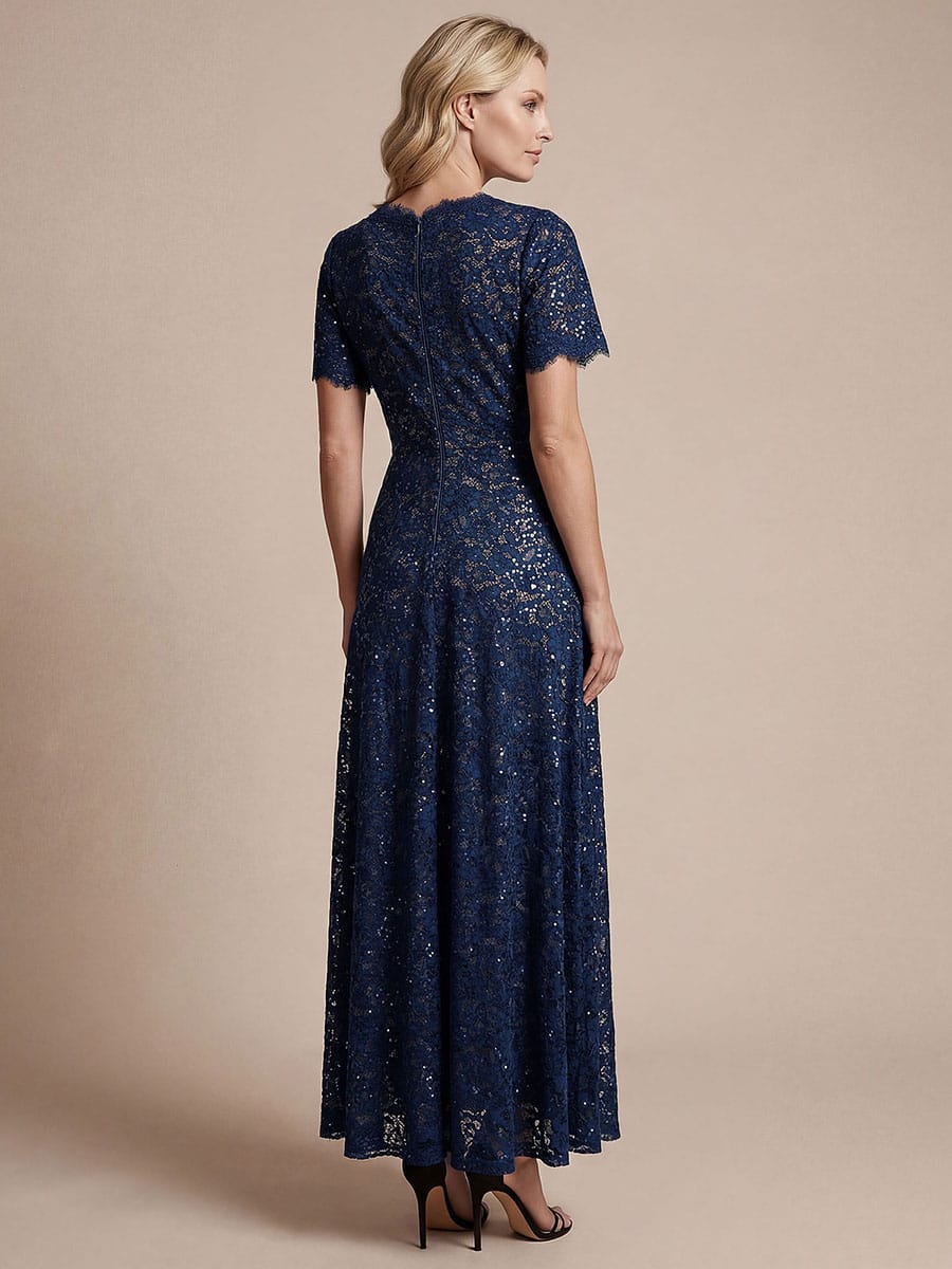 Elegant Flutter Sleeve Sequin Lace Maxi Dress V-Neck Empire Waist Evening Gown