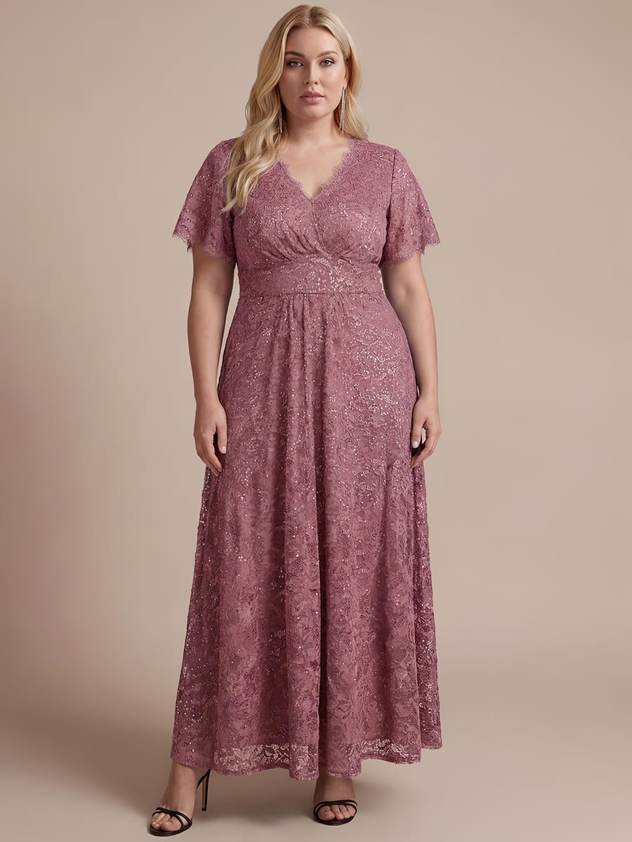 Elegant Flutter Sleeve Sequin Lace Maxi Dress V-Neck Empire Waist Evening Gown