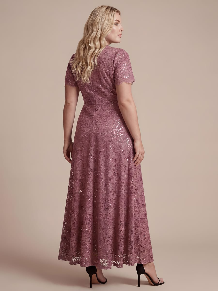 Elegant Flutter Sleeve Sequin Lace Maxi Dress V-Neck Empire Waist Evening Gown