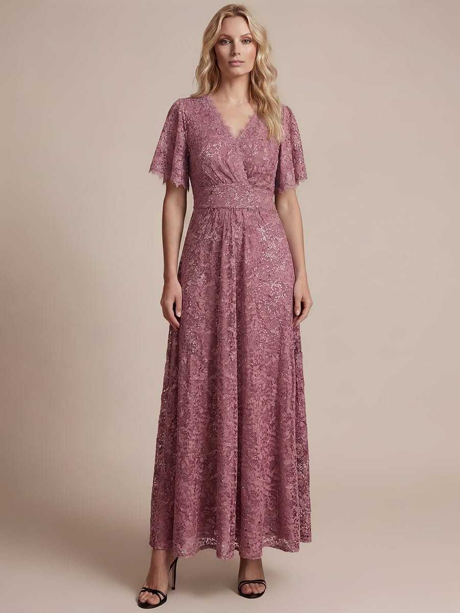 Elegant Flutter Sleeve Sequin Lace Maxi Dress V-Neck Empire Waist Evening Gown