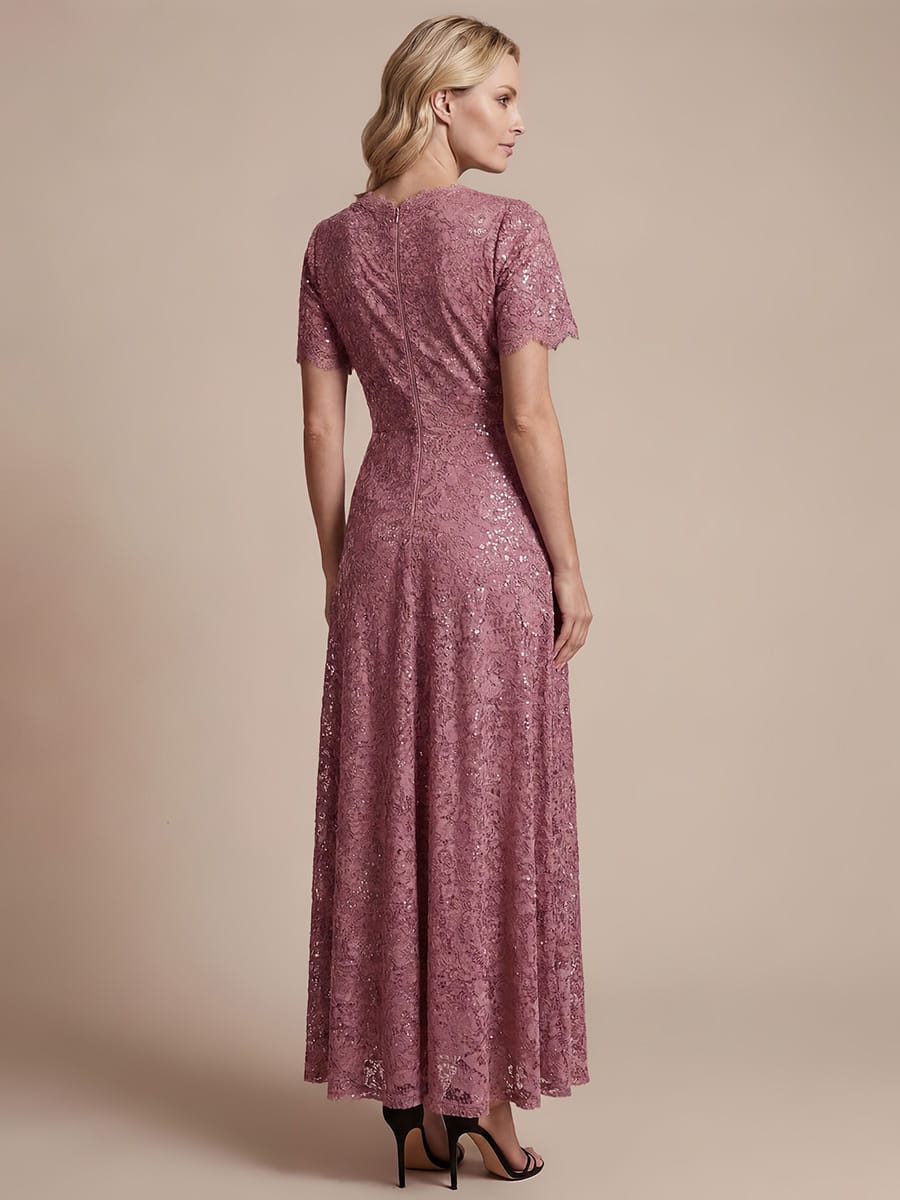 Elegant Flutter Sleeve Sequin Lace Maxi Dress V-Neck Empire Waist Evening Gown