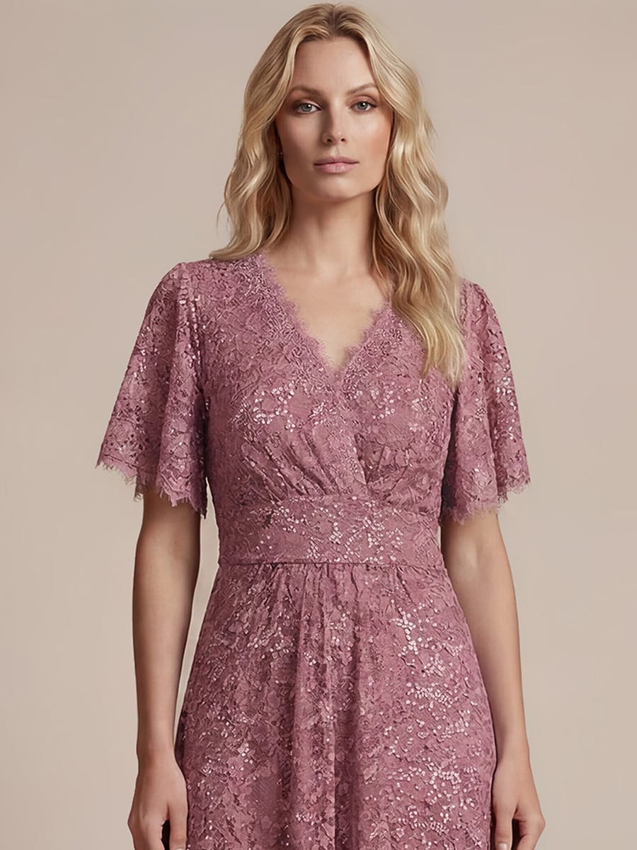 Elegant Flutter Sleeve Sequin Lace Maxi Dress V-Neck Empire Waist Evening Gown