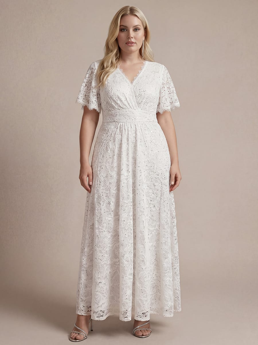 Elegant Flutter Sleeve Sequin Lace Maxi Dress V-Neck Empire Waist Evening Gown