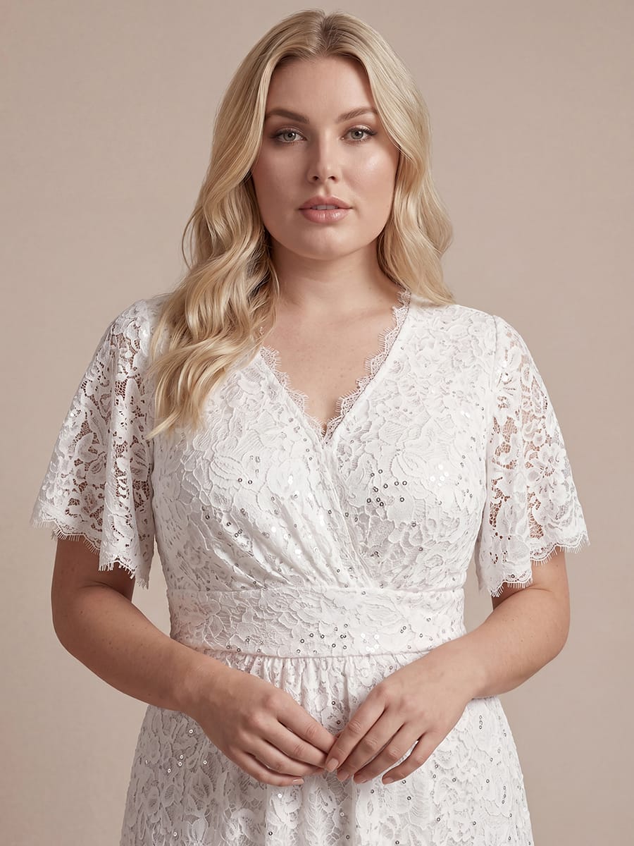Elegant Flutter Sleeve Sequin Lace Maxi Dress V-Neck Empire Waist Evening Gown