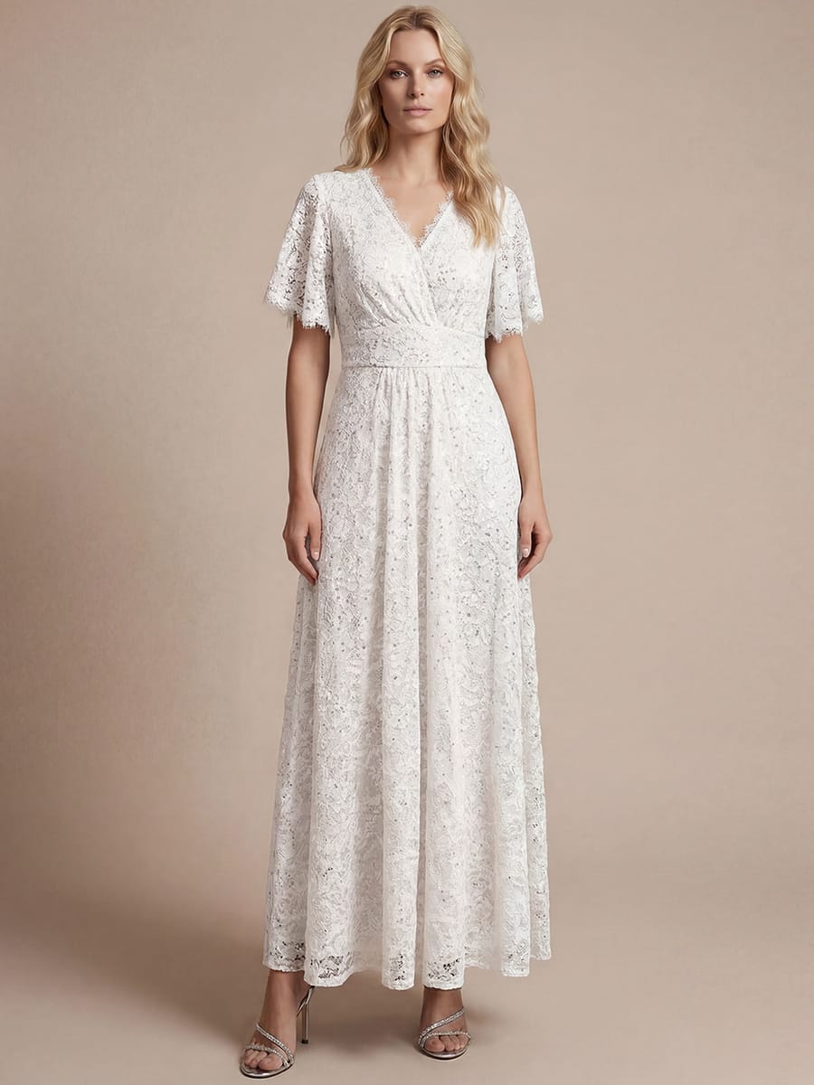 Elegant Flutter Sleeve Sequin Lace Maxi Dress V-Neck Empire Waist Evening Gown
