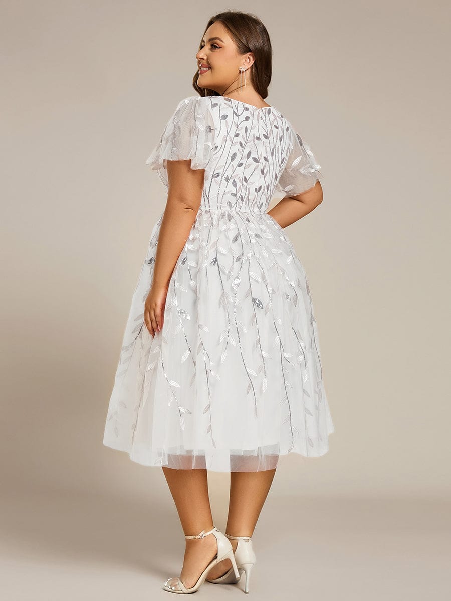 pretty SIMONE|Plus Size Leaf Sequin Tulle Midi Wedding Guest Dress (Final Sale)