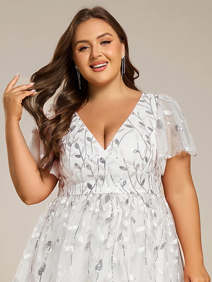 pretty SIMONE|Plus Size Leaf Sequin Tulle Midi Wedding Guest Dress (Final Sale)