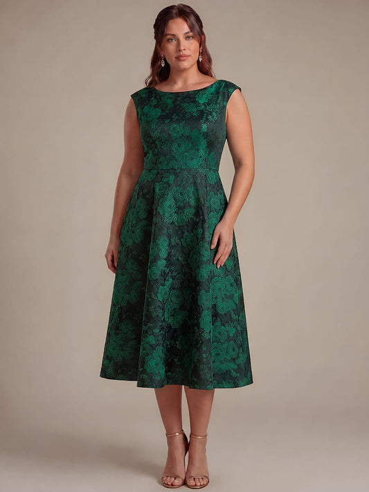 Plus Size Floral Print Jacquard A Line Midi Dress