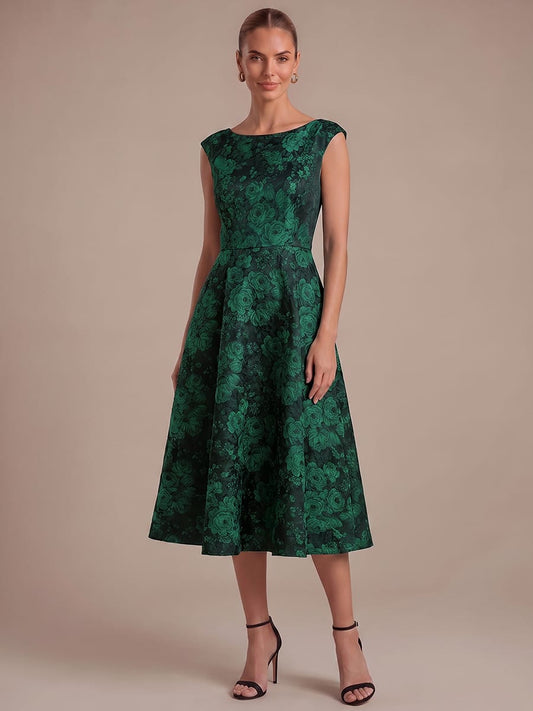 Floral Print Jacquard A Line Round Neck Midi Dress