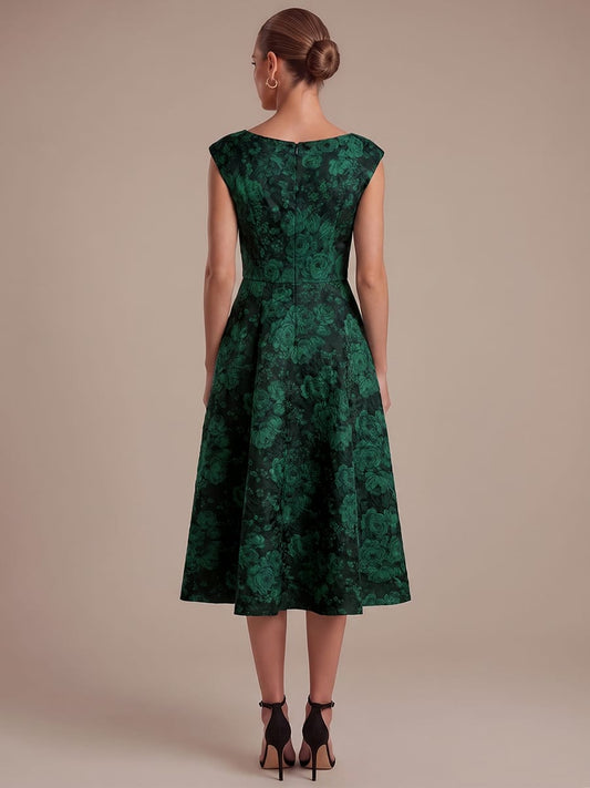 Floral Print Jacquard A Line Round Neck Midi Dress