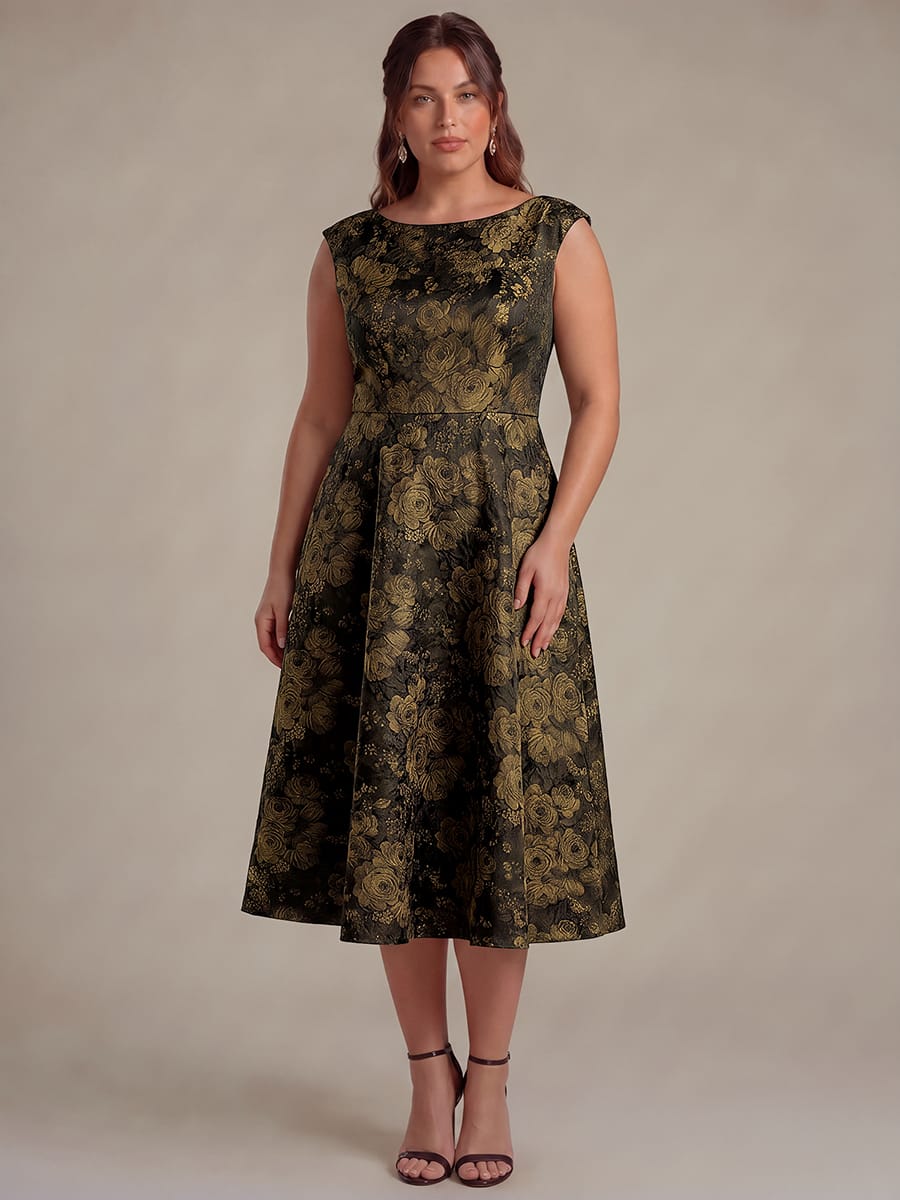 Plus Size Floral Print Jacquard A Line Midi Dress