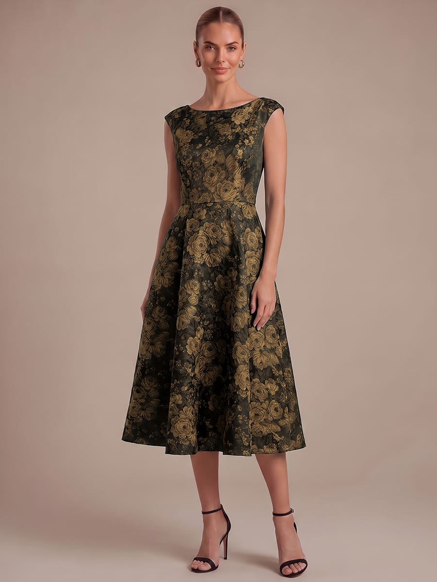 Floral Print Jacquard A Line Round Neck Midi Dress