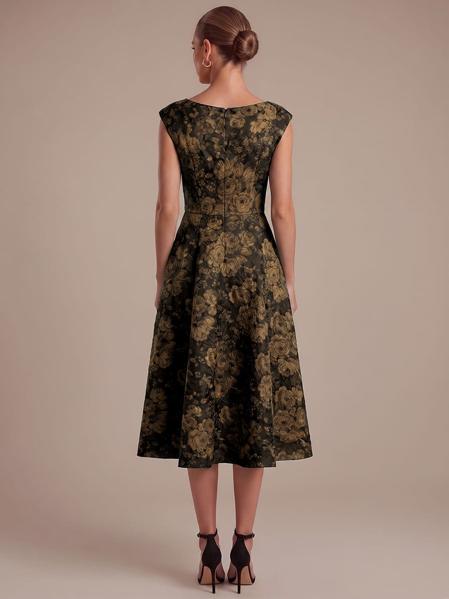 Floral Print Jacquard A Line Round Neck Midi Dress