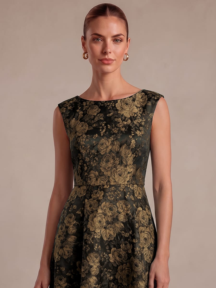 Floral Print Jacquard A Line Round Neck Midi Dress