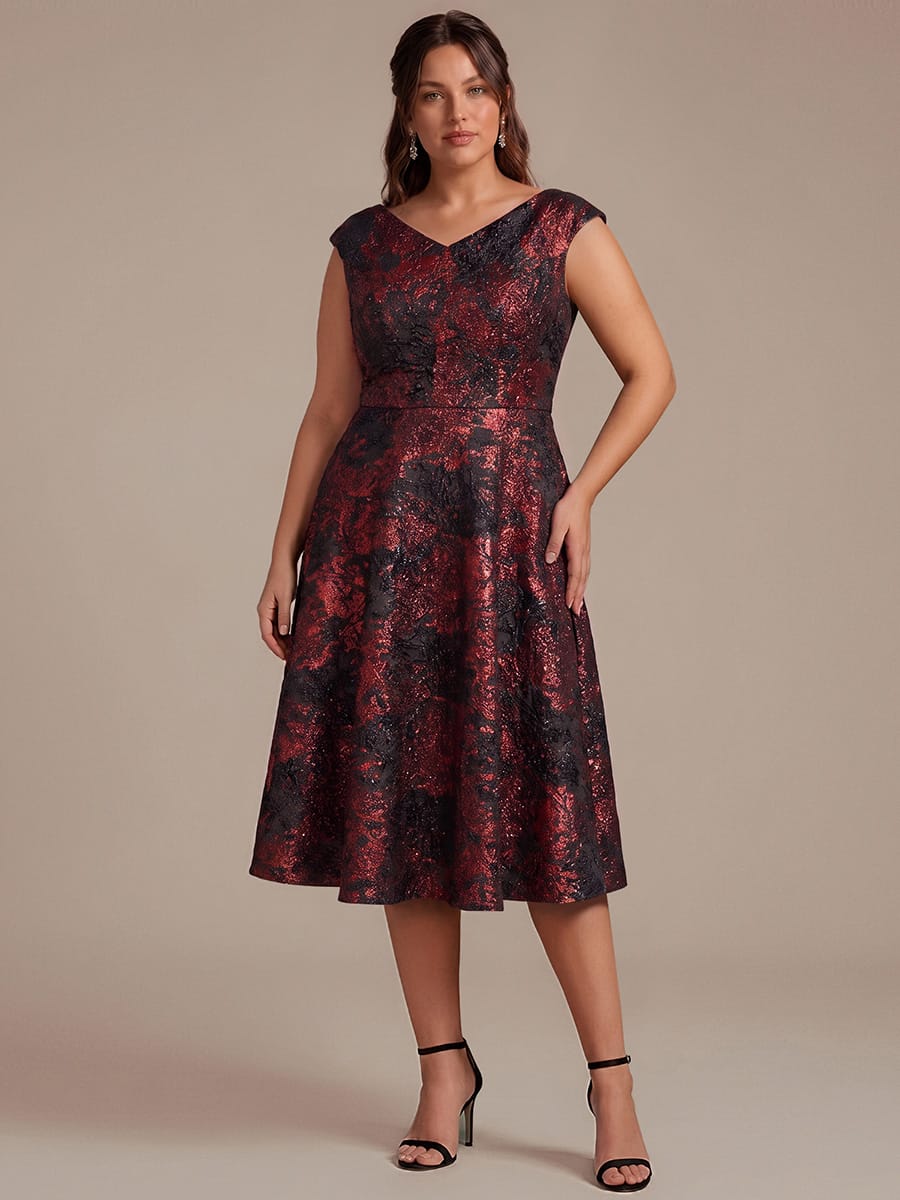 Plus Size Floral Jacquard A Line V Neck Midi Dress