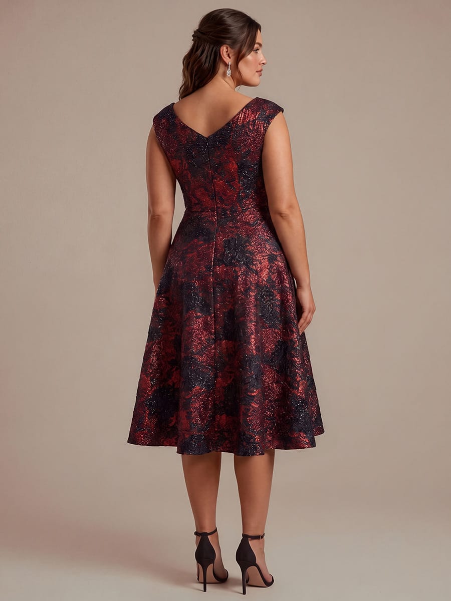 Floral Jacquard A Line V Neck Midi Dress