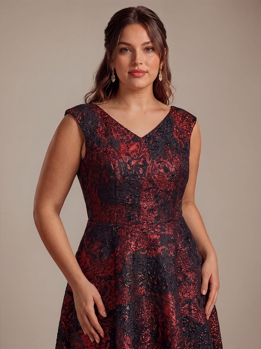 Plus Size Floral Jacquard A Line V Neck Midi Dress