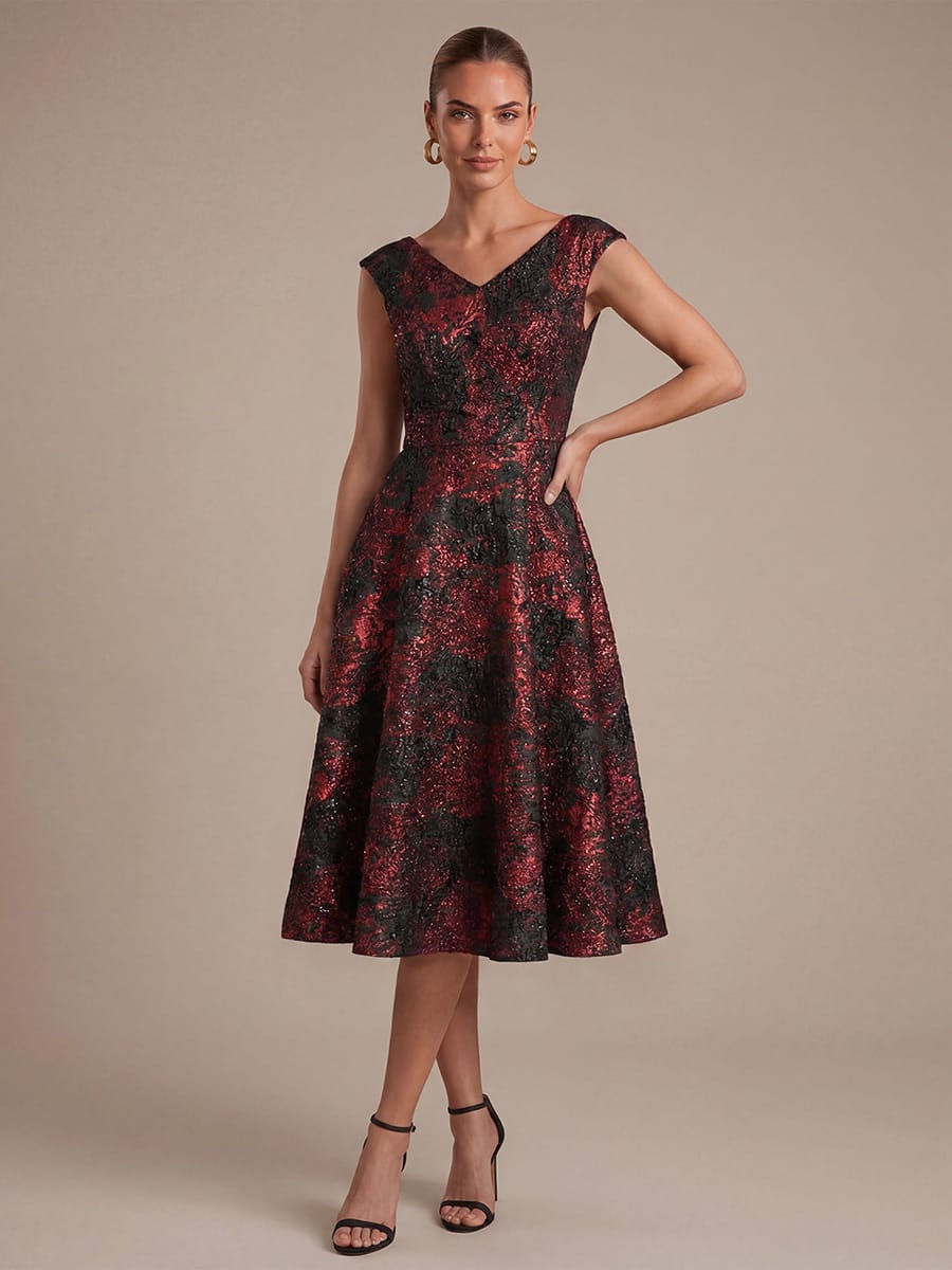 Floral Jacquard A Line V Neck Midi Dress