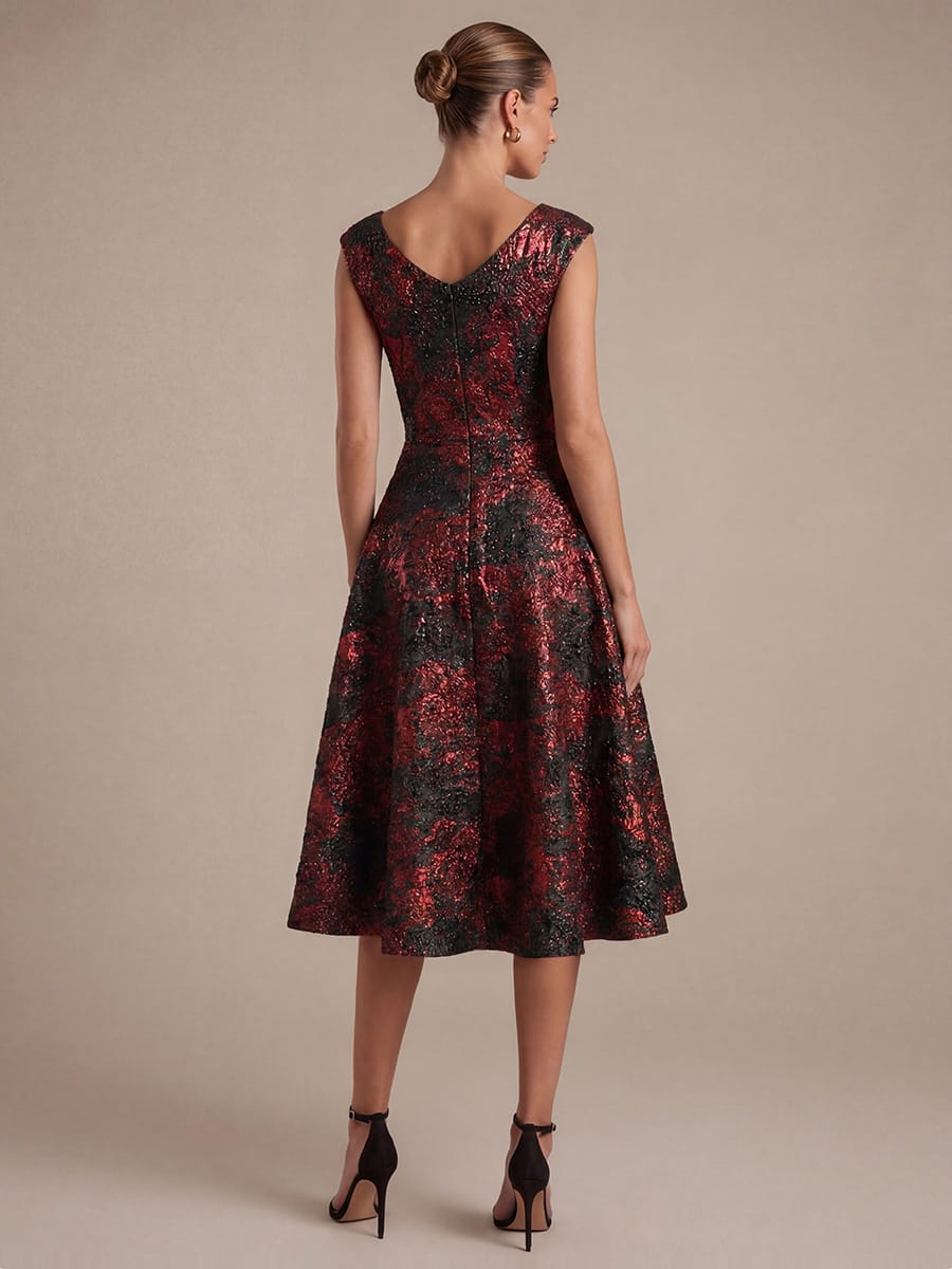 Floral Jacquard A Line V Neck Midi Dress