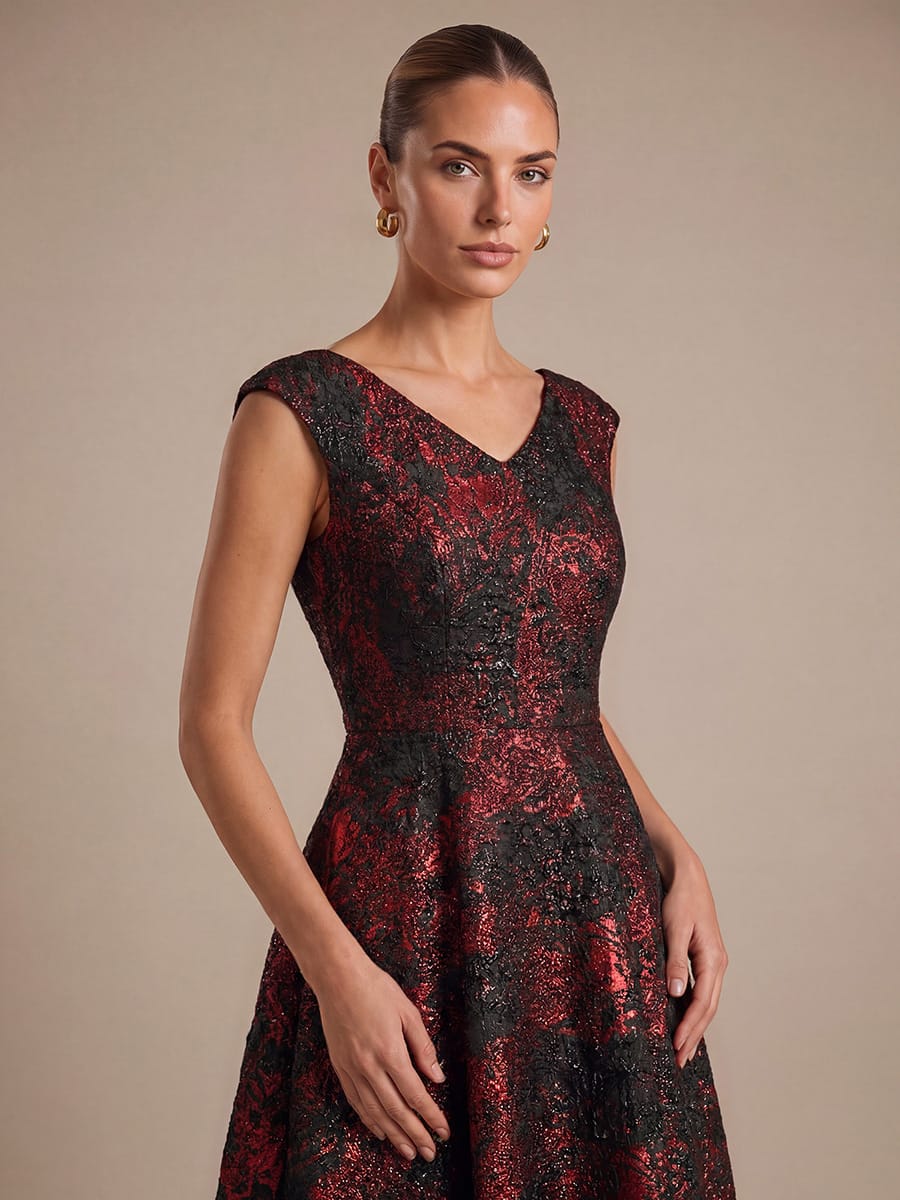 Floral Jacquard A Line V Neck Midi Dress
