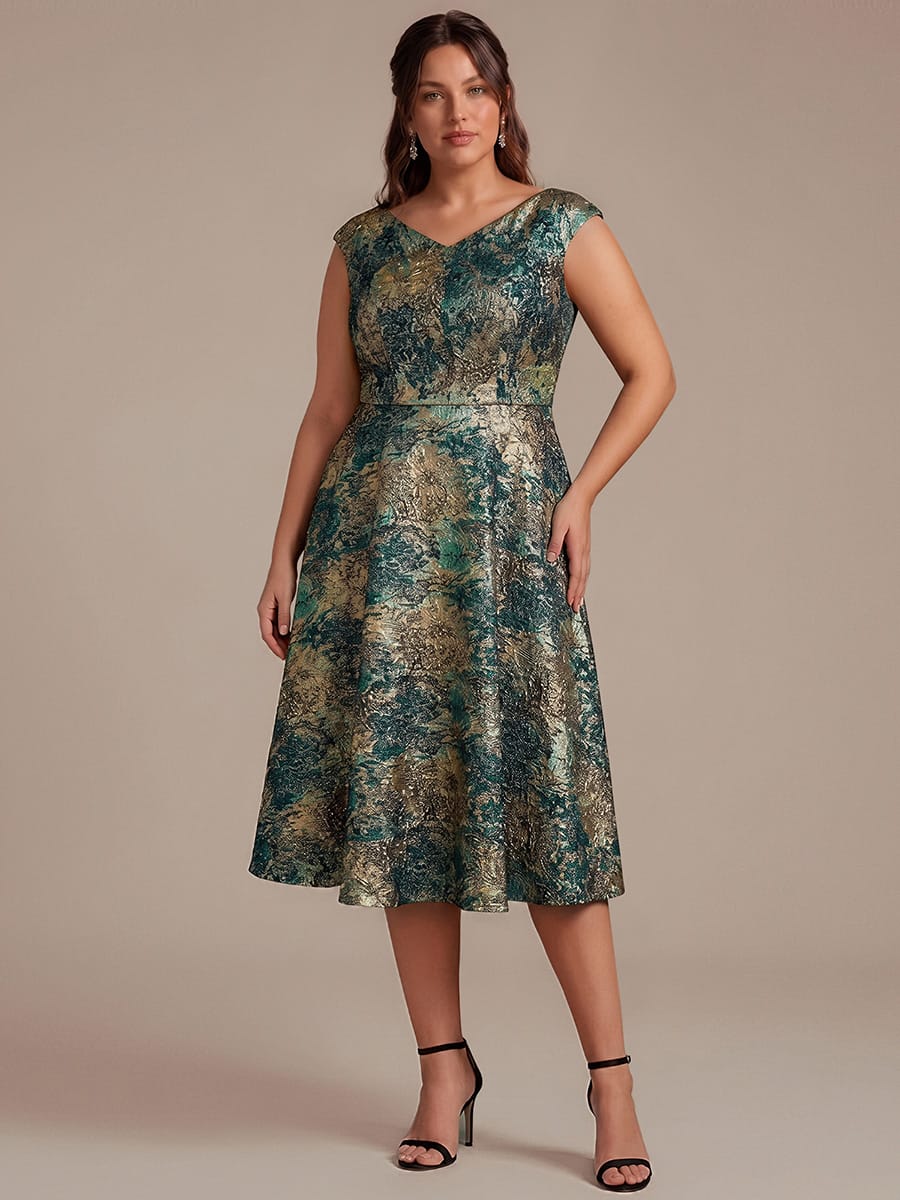 Plus Size Floral Jacquard A Line V Neck Midi Dress