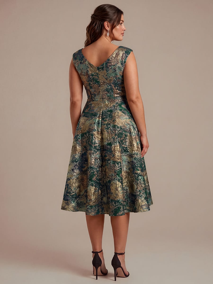 Plus Size Floral Jacquard A Line V Neck Midi Dress