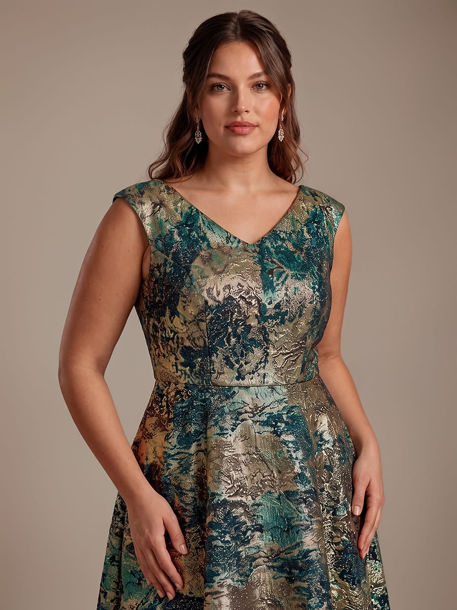 Floral Jacquard A Line V Neck Midi Dress
