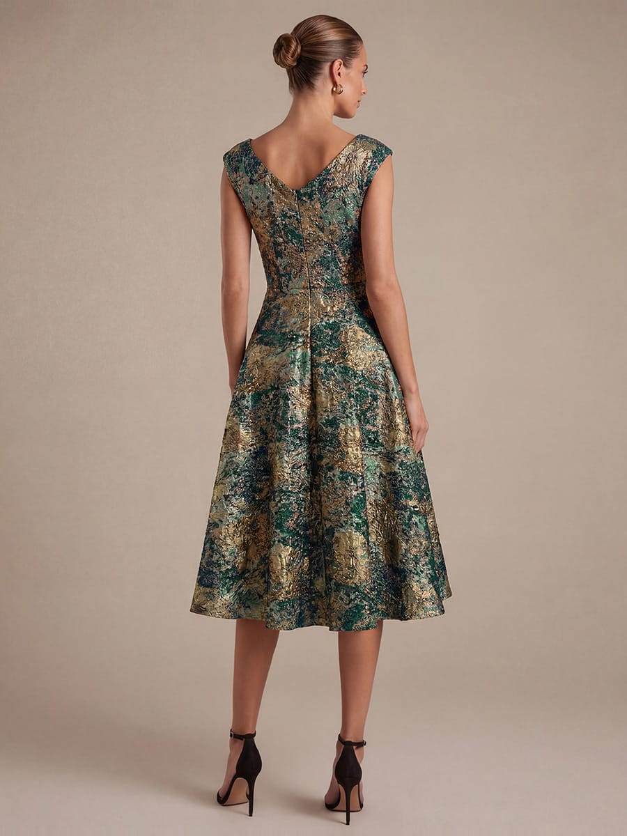 Floral Jacquard A Line V Neck Midi Dress