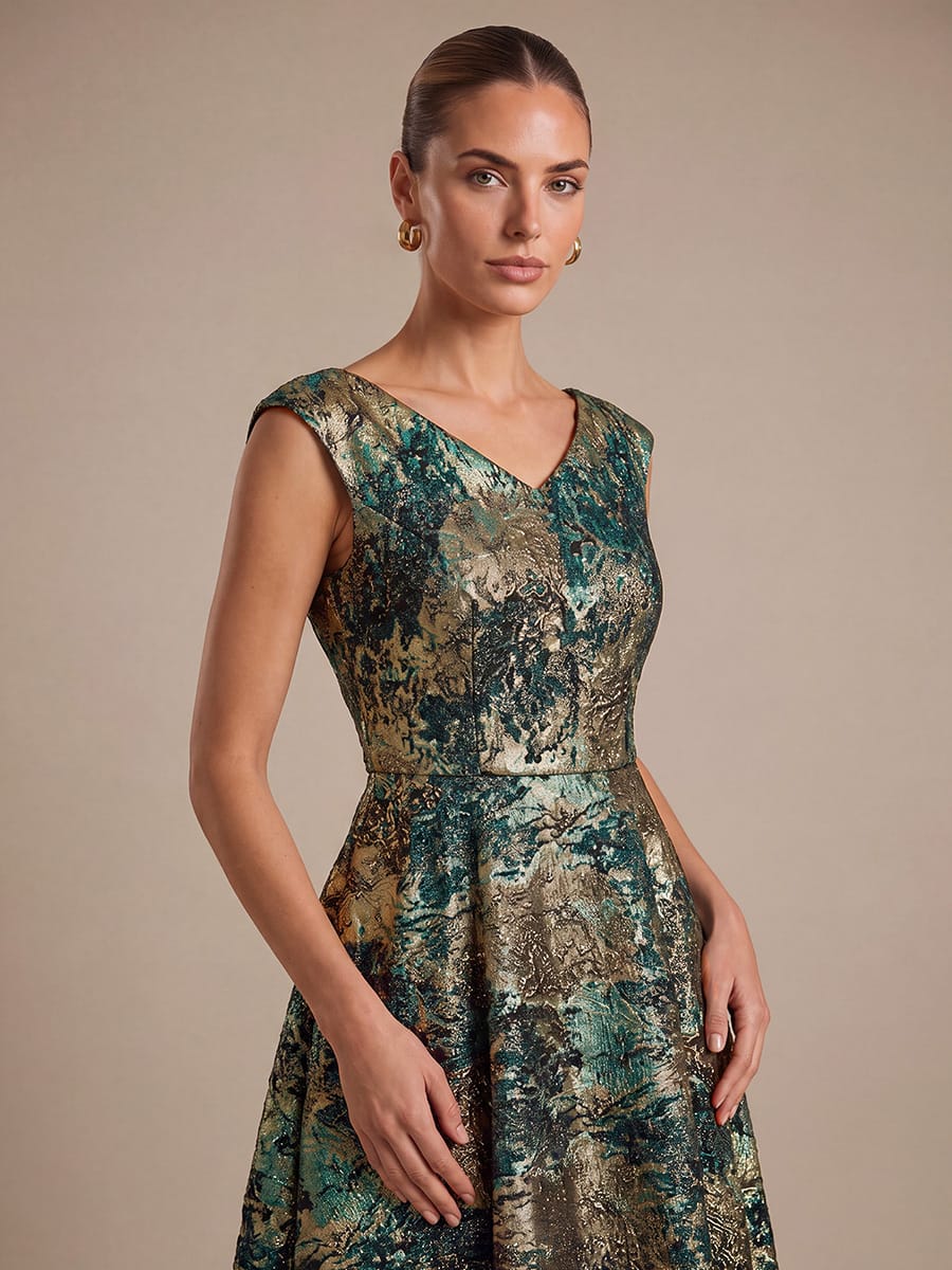 Floral Jacquard A Line V Neck Midi Dress