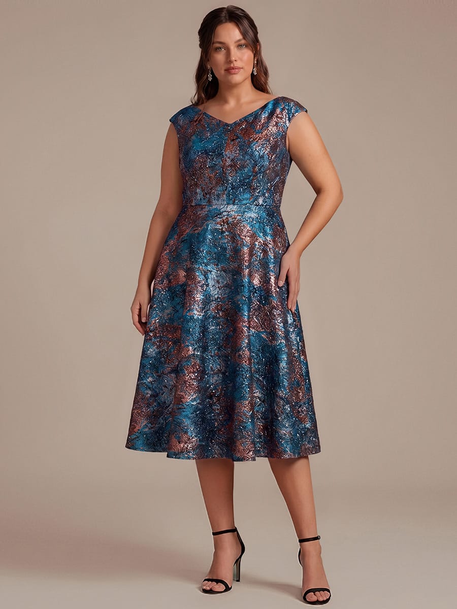 Plus Size Floral Jacquard A Line V Neck Midi Dress
