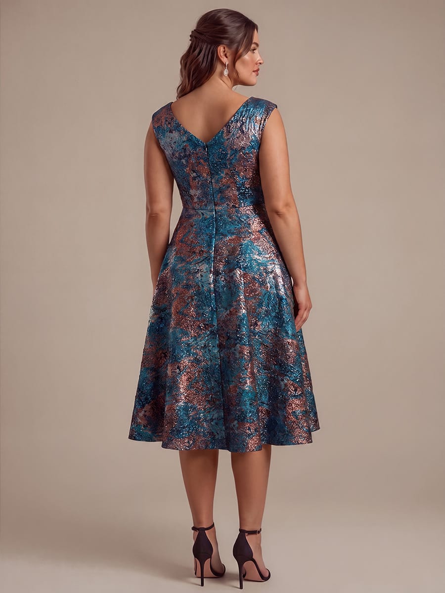 Plus Size Floral Jacquard A Line V Neck Midi Dress