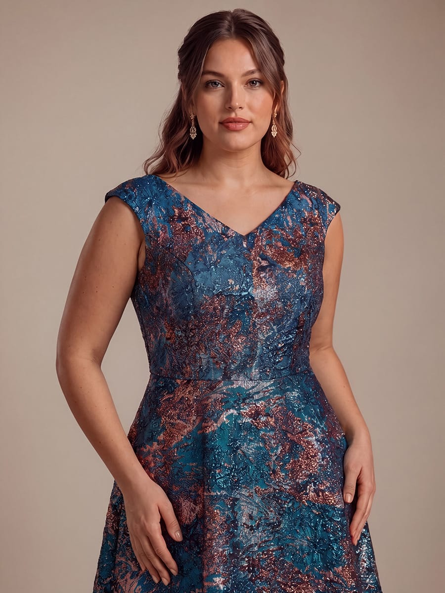 Plus Size Floral Jacquard A Line V Neck Midi Dress