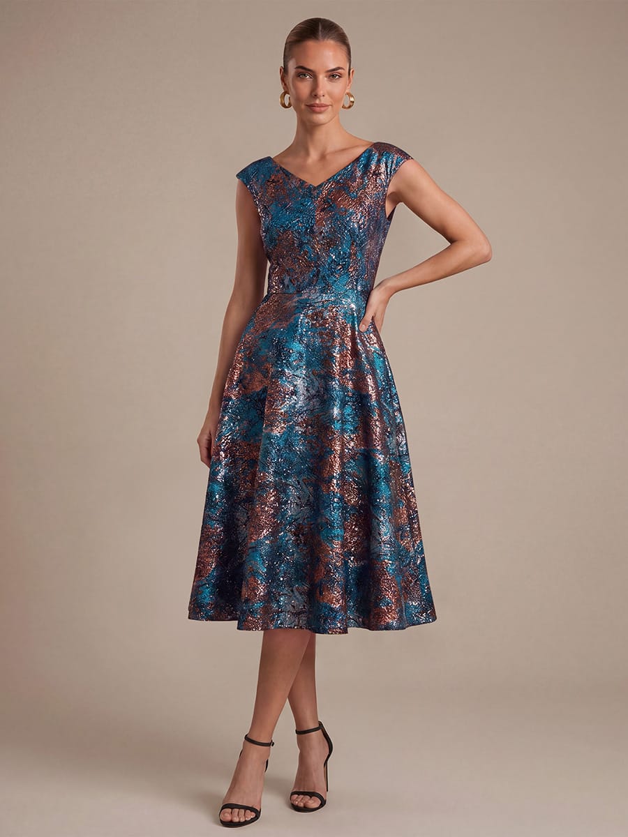 Floral Jacquard A Line V Neck Midi Dress