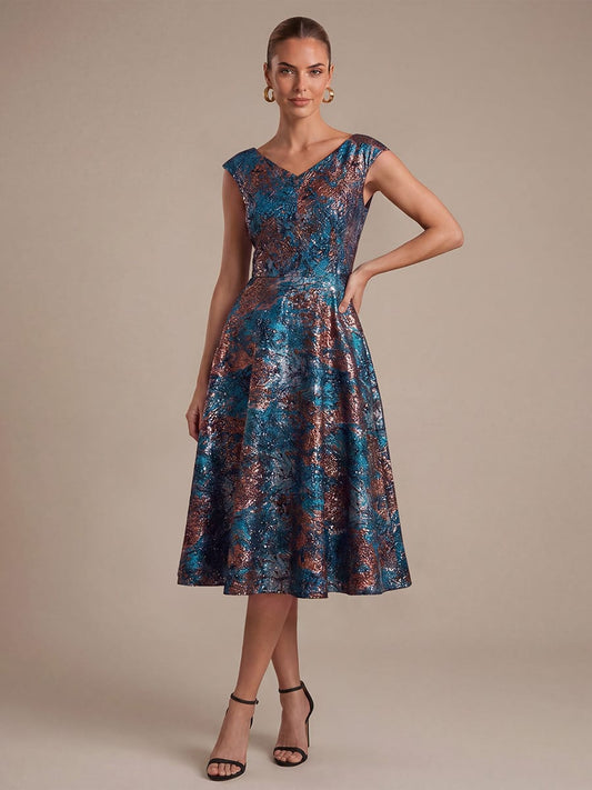Floral Jacquard A Line V Neck Midi Dress