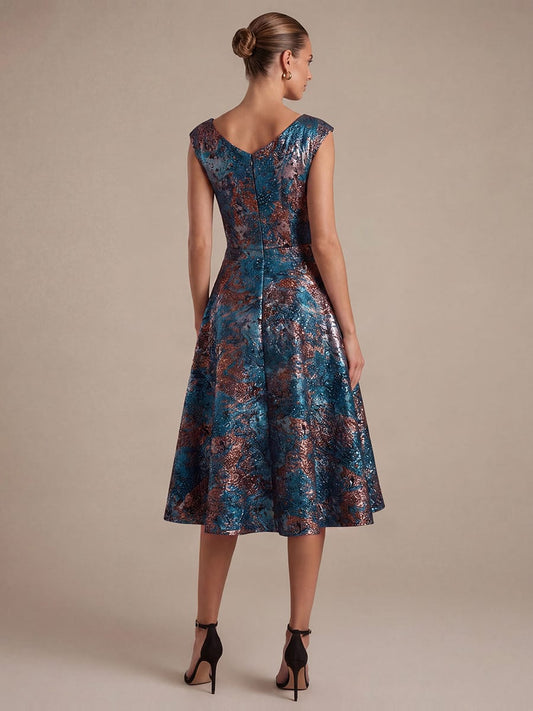 Floral Jacquard A Line V Neck Midi Dress