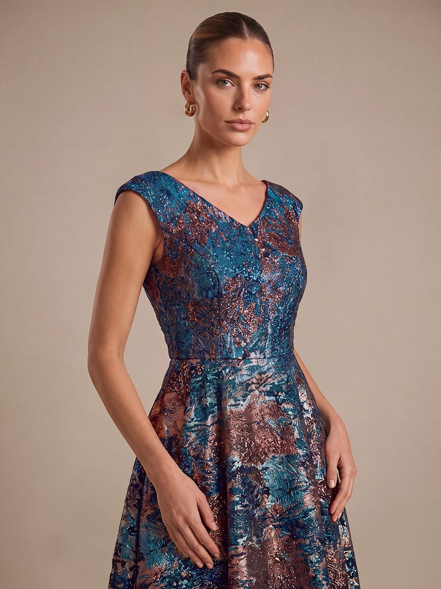 Floral Jacquard A Line V Neck Midi Dress