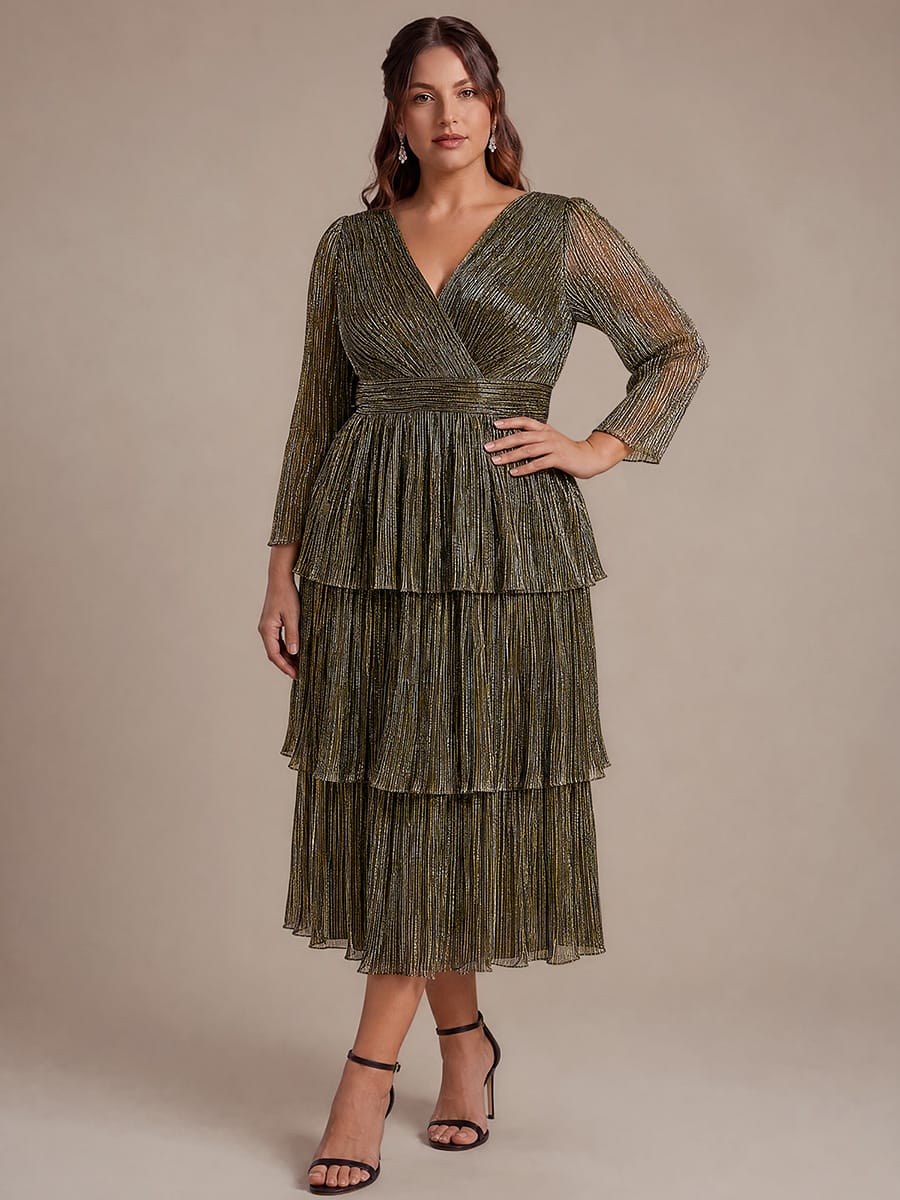 Tiered Tulle A Line Maxi Dress with V Neck Long Sleeve