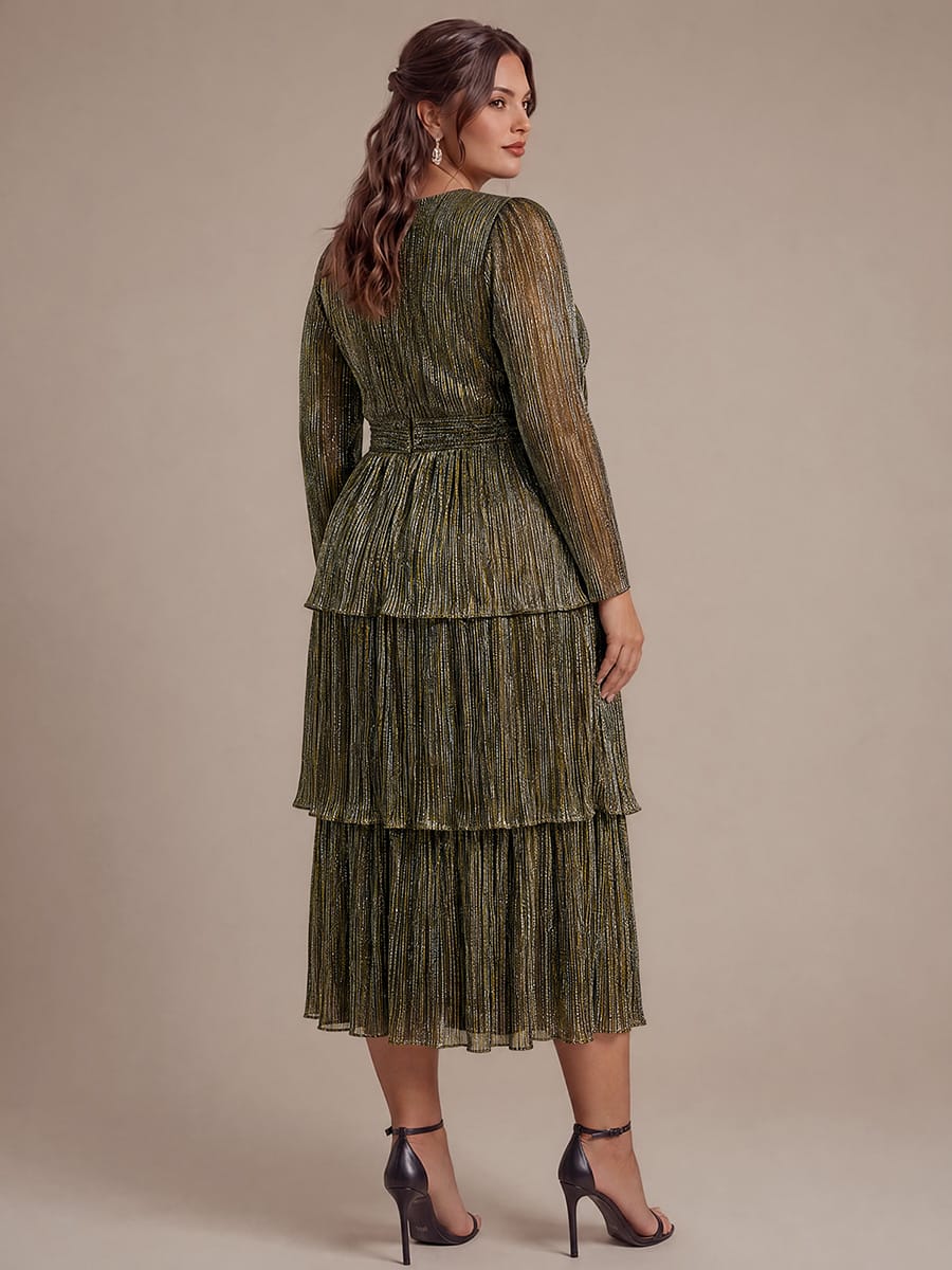 Tiered Tulle A Line Maxi Dress with V Neck Long Sleeve
