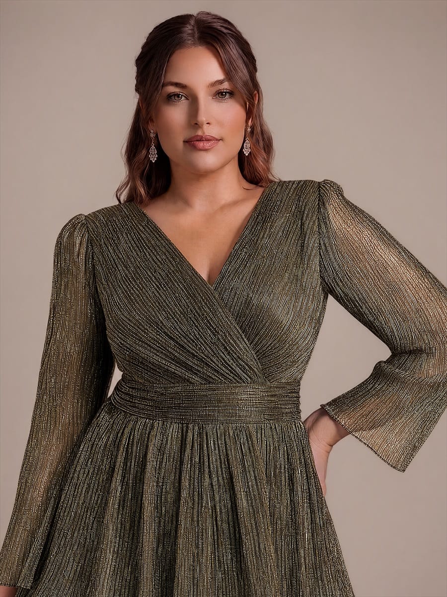 Tiered Tulle A Line Maxi Dress with V Neck Long Sleeve
