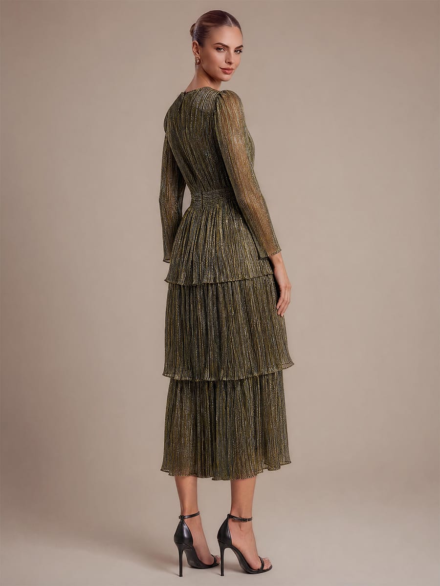 Tiered Tulle A Line Maxi Dress with V Neck Long Sleeve