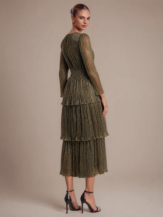 Tiered Tulle A Line Maxi Dress with V Neck Long Sleeve