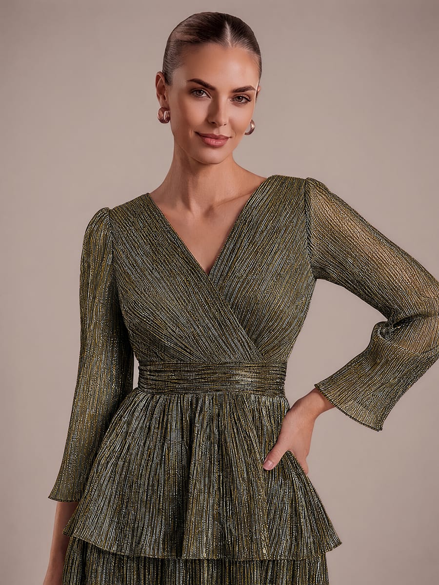 Tiered Tulle A Line Maxi Dress with V Neck Long Sleeve