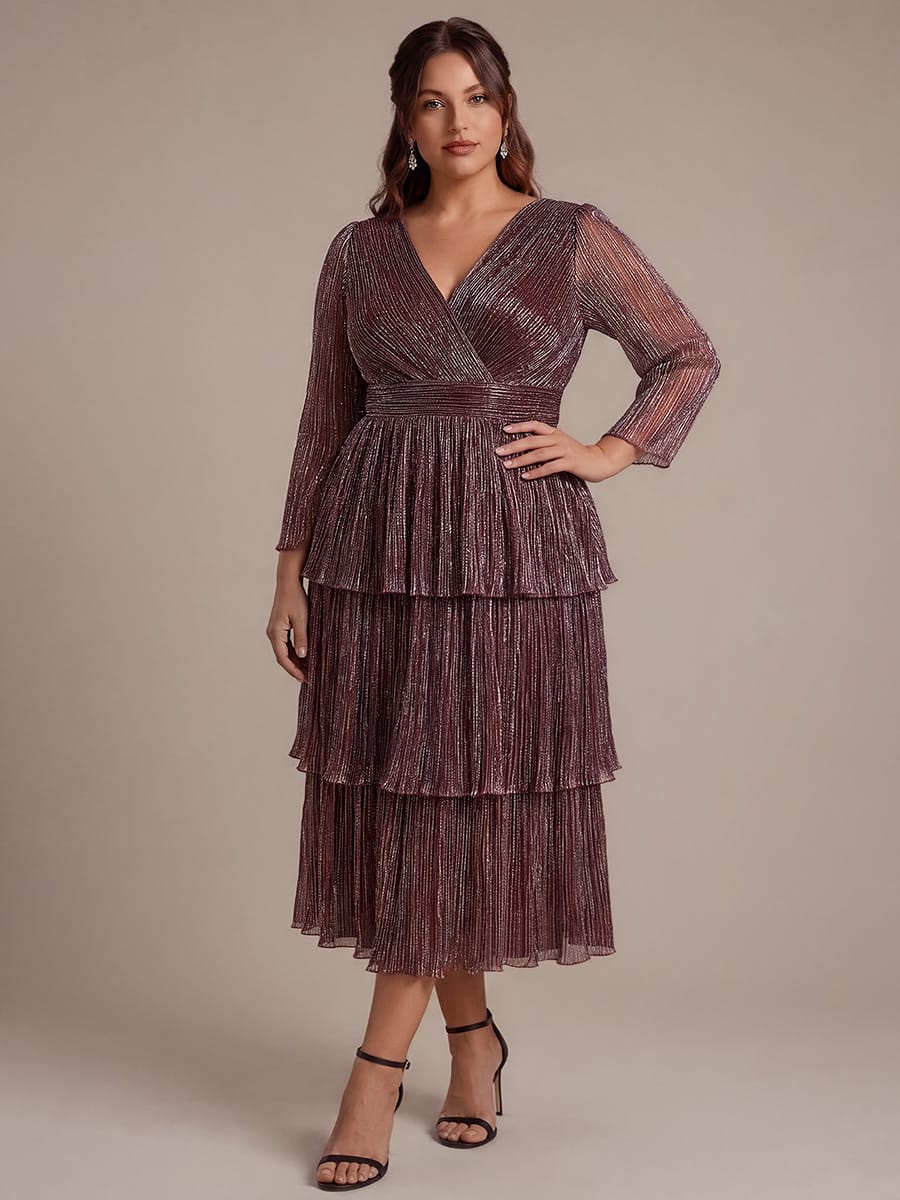 Tiered Tulle A Line Maxi Dress with V Neck Long Sleeve