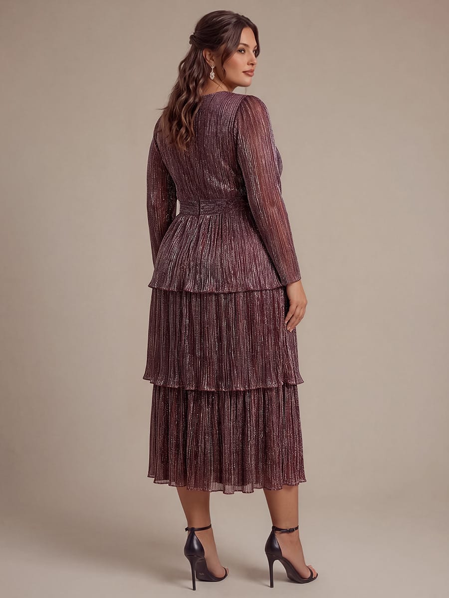 Tiered Tulle A Line Maxi Dress with V Neck Long Sleeve