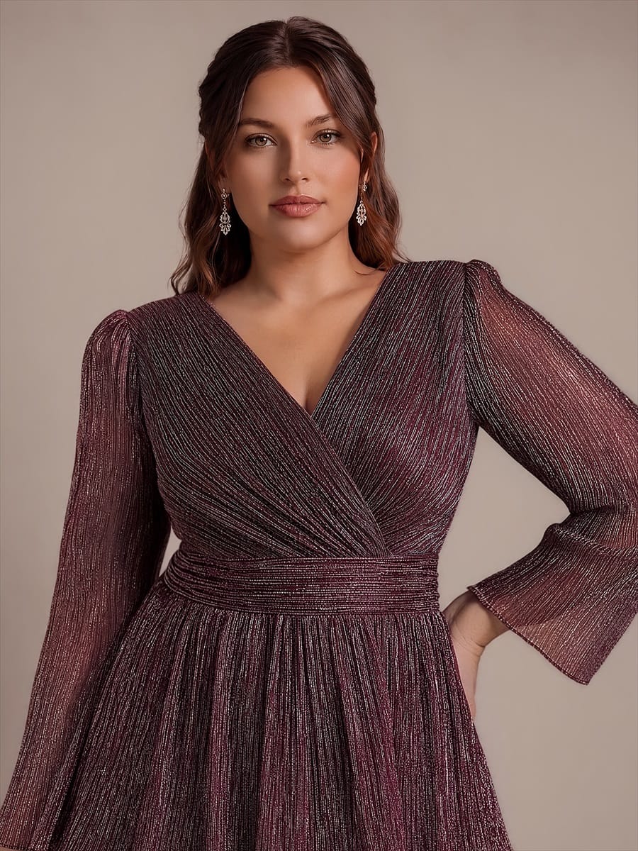 Tiered Tulle A Line Maxi Dress with V Neck Long Sleeve