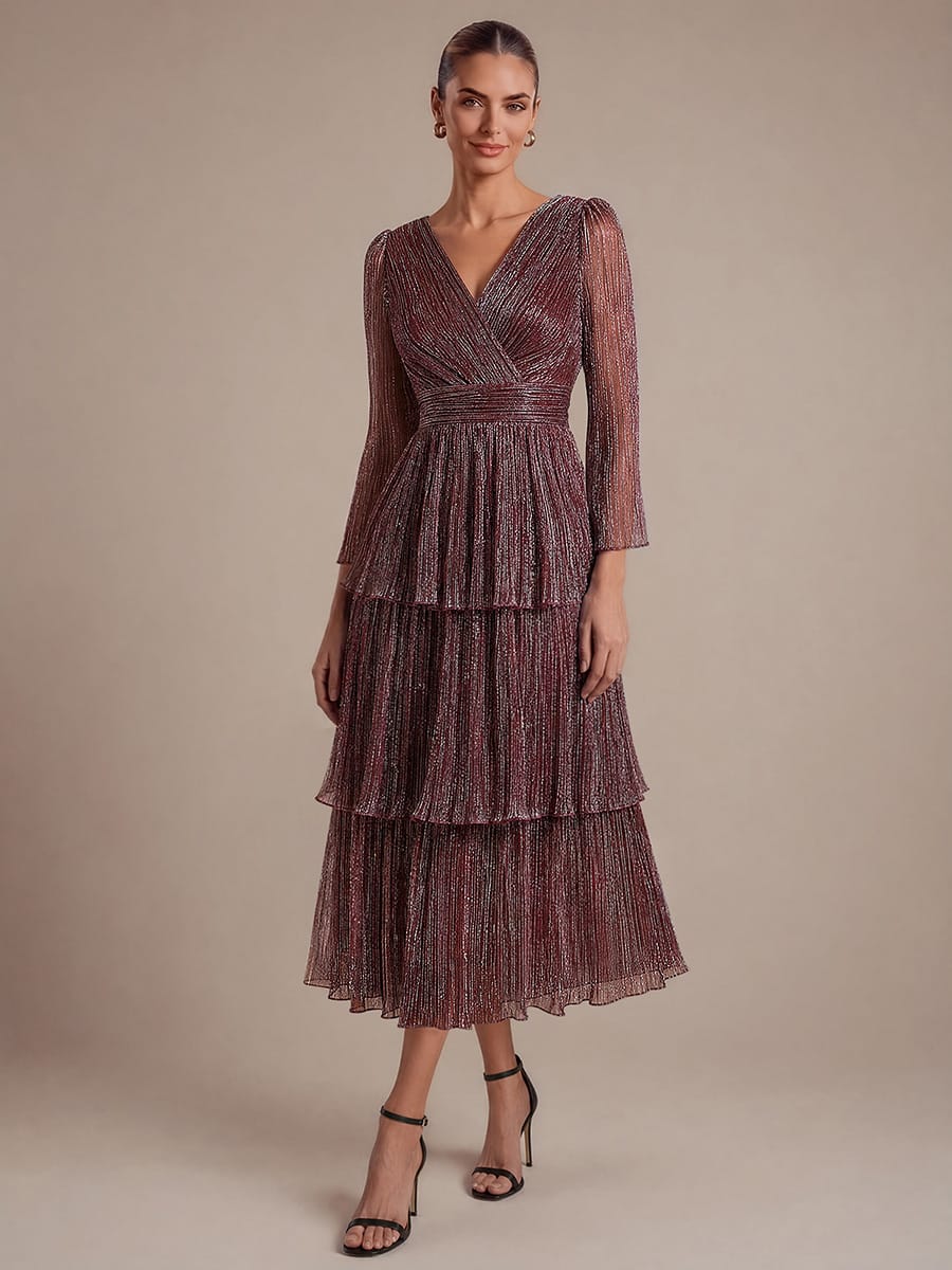 Tiered Tulle A Line Maxi Dress with V Neck Long Sleeve